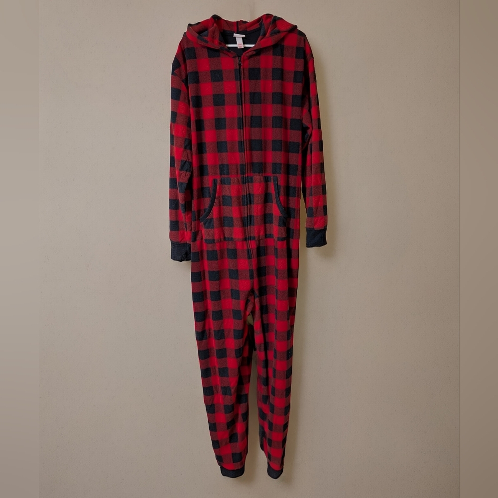 Men's Red and Black Plaid Hooded Onesie